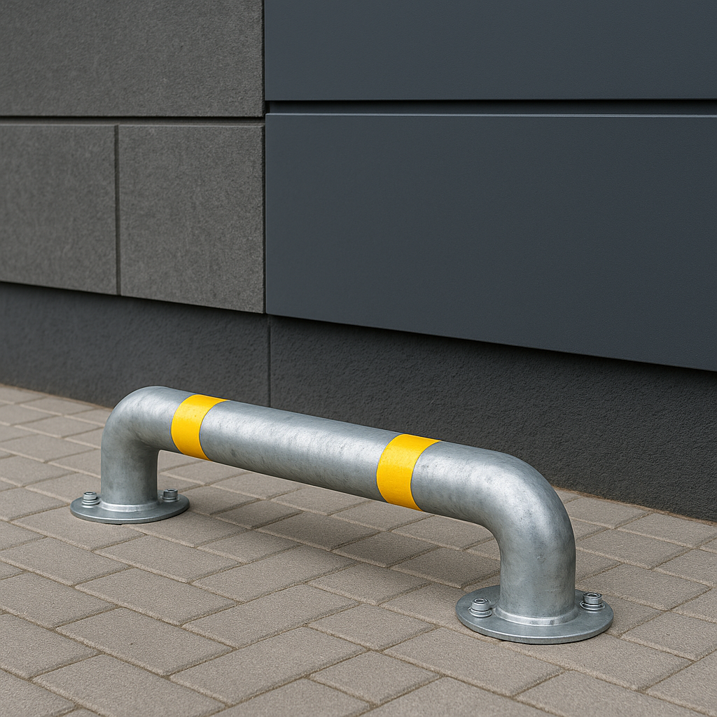 Колесные отбойники на парковке у фасада здания